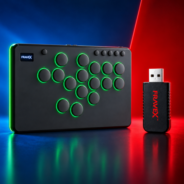 16Key(ABS)_FravexAdapterCombo Fravex 16-Key Leverless Arcade Controller — Black (ABS) + PS5 Adapter Combo