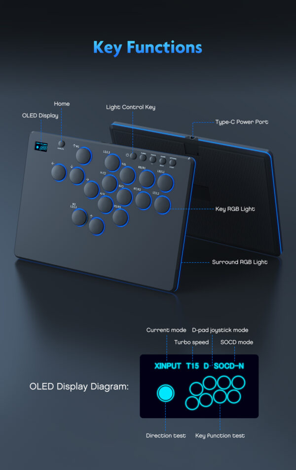 Fravex 16-Key Leverless Arcade Controller (OLED · Hot-Swap · RGB) — PC/PS4/PS3/Switch