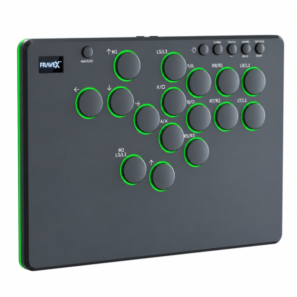 Fravex 16-Key Leverless Arcade Controller (OLED · Hot-Swap · RGB) — PC/PS4/PS3/Switch